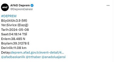 Elazığ'da 3.9 büyüklüğünde deprem