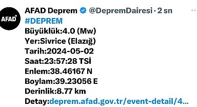 Elazığ'da 4.0 büyüklüğünde deprem