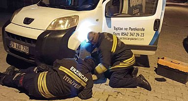 Otomobilin kaputuna giren kediyi itfaiye kurtardı